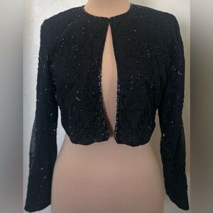Black Beaded Leaf Pattern Bolero Jacket